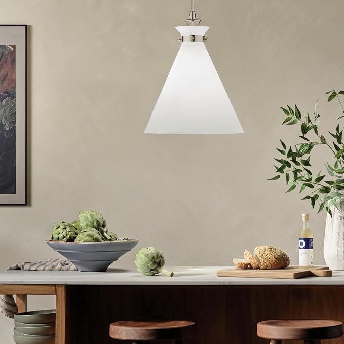 Kichler Laria 1-Light Pendant, Updated Traditional Light, Sloped Ceiling Compatible, for Kitchen with Opal Glass in Polished Nickel (19.75" x 16"), 52775PN