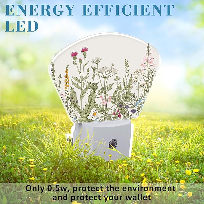 Vintage Wildflowers Plug in Night Lights, Colorful Herbs Nightlight Plug Into Wall Dusk to Dawn Sensor for Kid Girls Boys Women Men Bedroom, Hallway, Kitchen, Bathroom, Stairs Decor