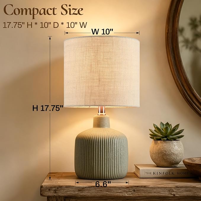 Ceramic Table Lamp, Oliver Green, 17.75" | Beige Linen Shade, Warm Ambient Lighting, Bedside Nightstand, Natural