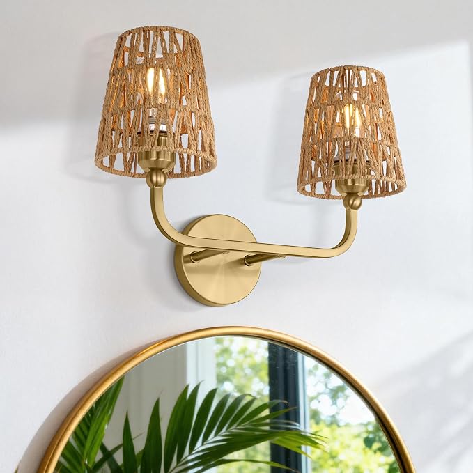 2-Light Brushed Gold Bathroom Vanity Light, Handwoven Rattan Shades | Ideal for 20-28" mirrors, 17" double wall sconce, upward only, E26 base, hardwired, bulbs not included, VL837-BG-RA-2-S