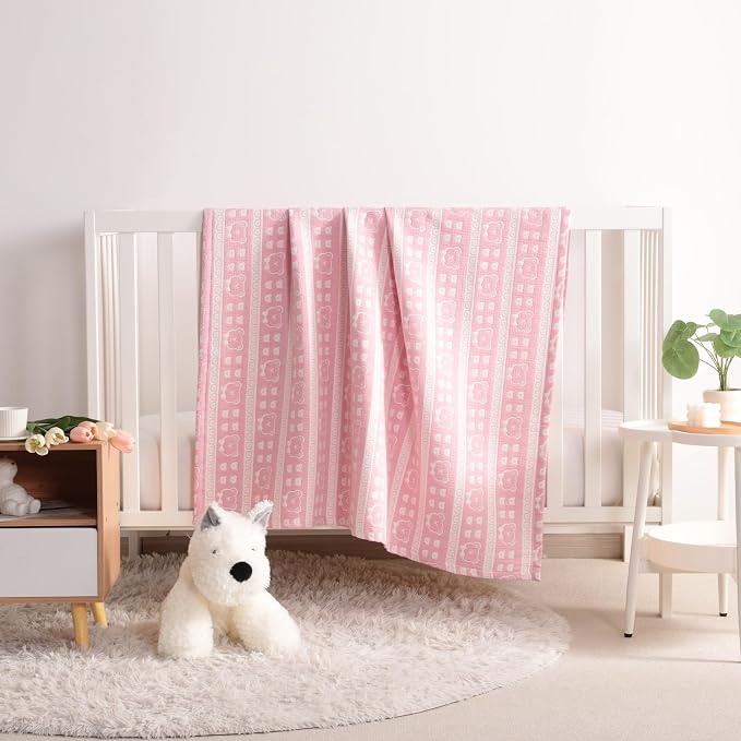 NTBAY 3 Layer Muslin Toddler Blanket, 30 x 40, Pink Bear | Breathable Muslin Cotton Outer Layers with Light Thermal Fill, Reversible for Stroller, Daycare, Travel, and Supervised Use
