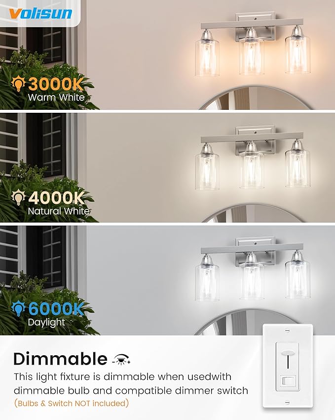 VOLISUN Brushed Nickel Bathroom Light Fixtures, 3-Light Bathroom Vanity Light Over Mirror, Modern Vanity Lights for Bathrooms, Bathrooms Lights Fixtures Over Mirror with Clear Glass Shades