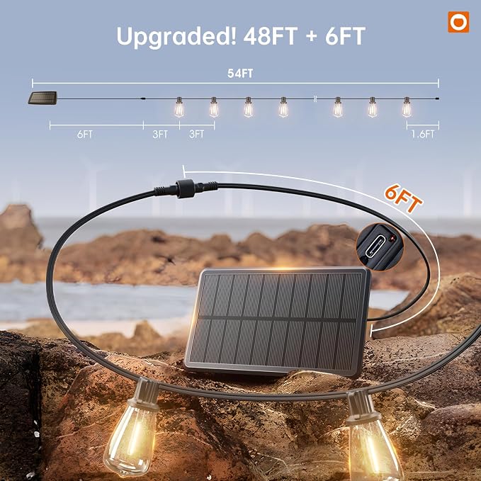addlon 54FT(48+6) Solar String Lights Outdoor Waterproof with USB & Remote | Control Dimmable Solar Patio Lights IP65 Solar Powered Edison LED Bulbs for Outside Bistro Camping