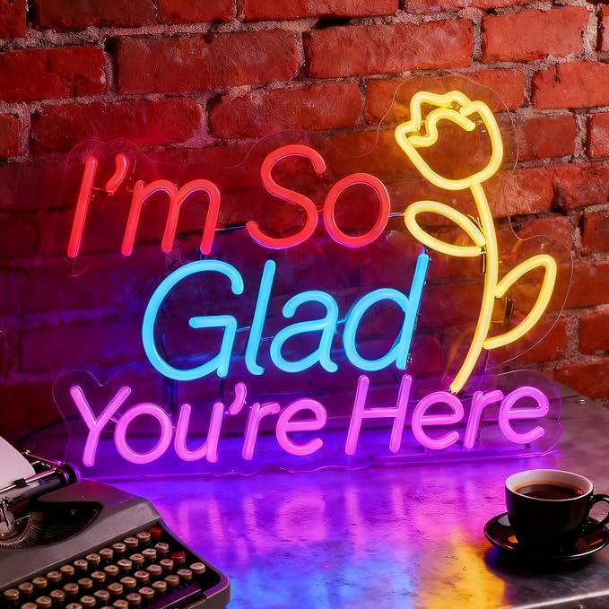 "I'm So Glad You're Here" Neon Sign - Welcome Decor with Rose | 15.7"x12.2" Multicolor LED Sign for Wall Decor, 6.5ft USB Powered & Dimmable, Hanging Chain Included