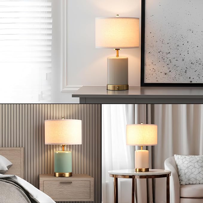 O’Bright Dune - Battery Powered Table Lamp, Rechargeable Cordless Ceramic Lamp, Full-Size 19.5 Inch Height, Dimmable, Smart Safety Protection, Type-C Fast Charging, LED Bulb Included, Stone Grey