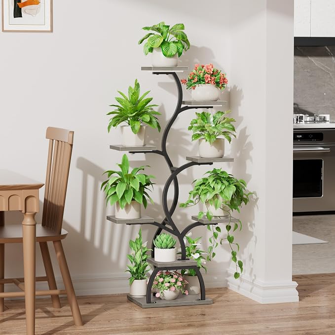 Plant Stand Indoor with Grow Light - 8 Tiered Corner Plant Shelf Indoor | 49" Plant Holder with Lights for Indoor Growing, Tall Lighted Flower Stand for Living Room, Balcony, Gray