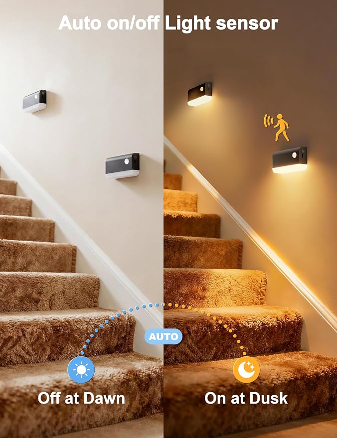Motion Sensor Stair Lights Indoor, 3 Pack Rechargeable Wireless Step Lights with 3 Color Temperatures, 1200mAh Battery, Magnetic Base for Hallway, Closet, Bathroom, Black
