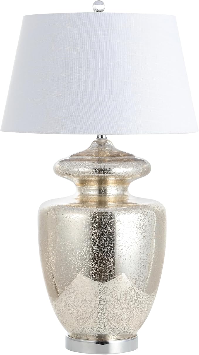 JONATHAN Y Hughes 31" Glass Table Lamp, Mercury Silver/Ivory | Contemporary Urn Bedside Lighting for Living Room, White Linen Drum Shade, Chrome Metal Base, LED Bulb Included