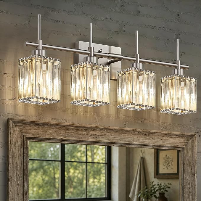 Torondo Modern Crystal Bathroom Vanity Light 4-Light Brushed Nickel Bathroom Light Fixtures Over Mirror Vanity Lighting Fixtures Square Shade Wall Sconce (Bulbs Not Include)