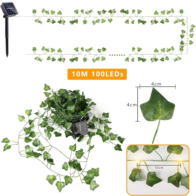 Brizled Solar String Lights, 33ft 100 LED Outdoor Ivy Vine Fairy Lights | 8 Modes; Artificial Leaf Solar Plant Vine Lights; Outdoor Ivy Fairy Light for Outside Wedding Garden Fence Wall Hanging Decor
