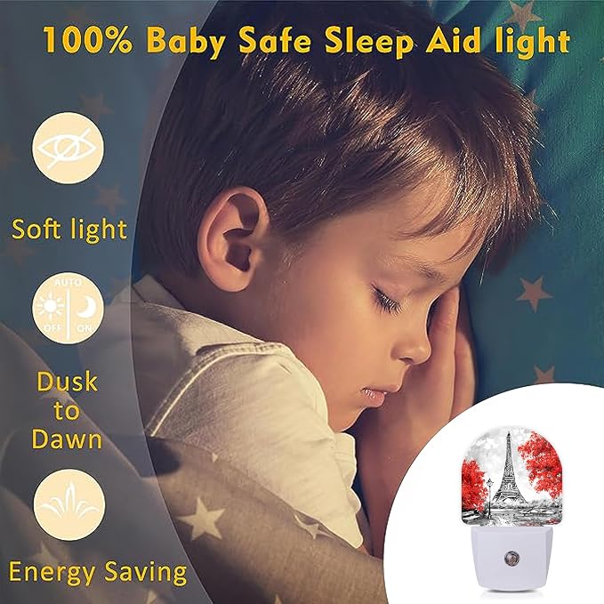 Eiffel Tower Paris Red Flower Night Lights Plug into Wall for Girls Boys Room,Night Light LED Lamp Dusk to Dawn Sensor Round Lamp for Bedroom Bathroom Hallway Home Wall Decor