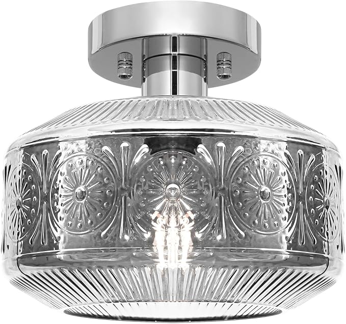 DSMJFU Semi Flush Mount Ceiling Light, Vintage Small Ceiling Light Fixture, Smokegray Thickened Glass Hallway Lighting Fixture, Chrome Kitchen Ceiling Mount Light for Entryway Bedroom Bathroom Kitchen