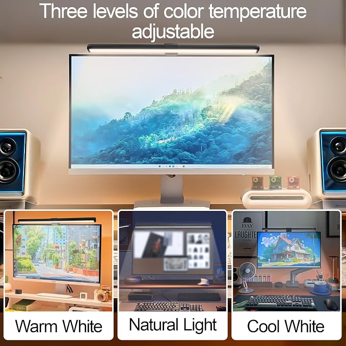 Dual-Sided Screen Light Bar, RGB Atmosphere Backlight & 3 Color Temperatures, Touch Control Non-Magnetic Lamp for Low-Light Eye Care