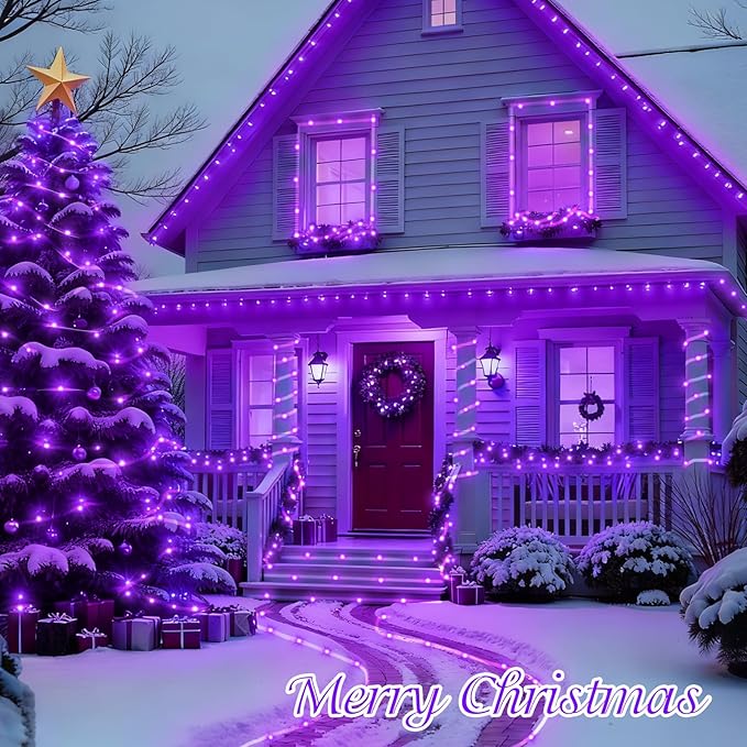QITONG 2 Pack Purple Solar Rope Lights, Each 33ft 100 LED String Lights Outdoor, 8 Modes Fairy Lights in Clear Thin Tube