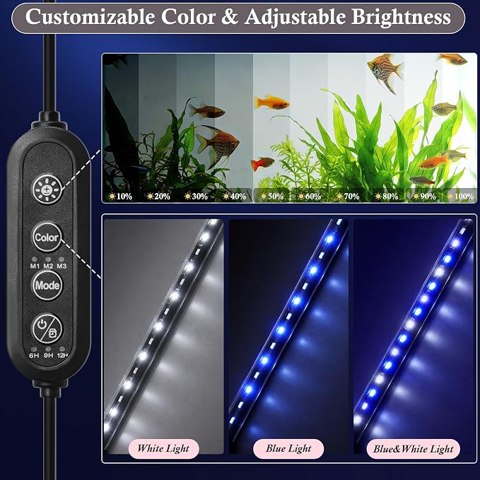 Dirvin LED Fish Tank Light with Timer, 24/7 Mode & 3 Color Aquarium Light | Submersible Adjustable Brightness, IP68 Waterproof, Sunrise-Daylight-Moonlight, Auto On/Off for fresh and salt water, 10W