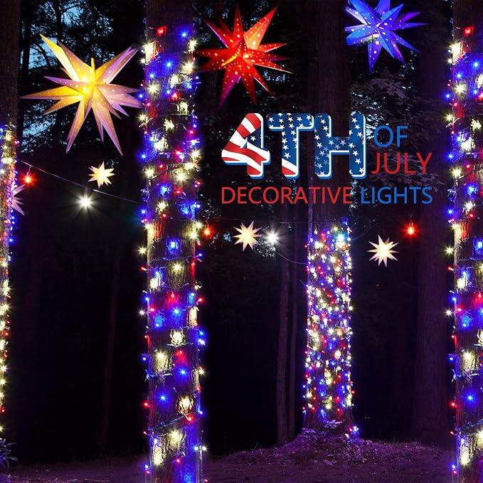 4th of July Decoration Patriotic Mini Lights - 100 Count 20 Feet Red White Blue Incandescent Bulb Waterproof String Lights Plug in for Indoor Outdoor Christmas Party Patio Independence Day Decoration