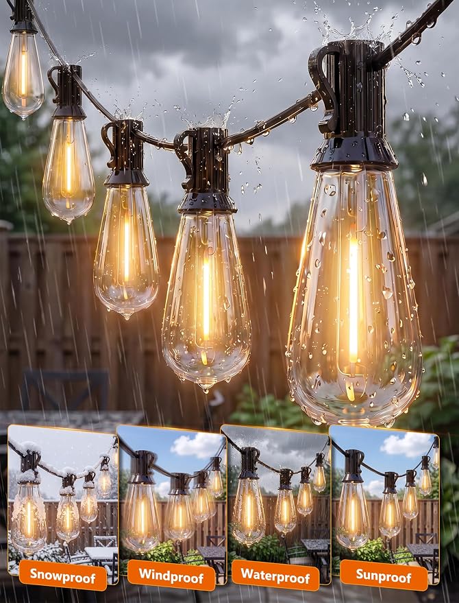 Oviejo 100FT LED Outdoor String Lights,Waterproof Edison String Lights with 52 ST40 LED Bulbs,E17 Base, for Deck,Outside,Backyard,House,Indoor/Outdoor Decor