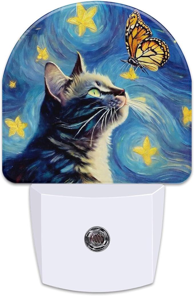 Cat and Butterfly Night Light for Kids, Starry Night Oil Painting Plug in Night Light with Dusk to Dawn Sensor, 0.5w Energy Saving Nightlight for Hallway Stairway Kitchen Bedroom