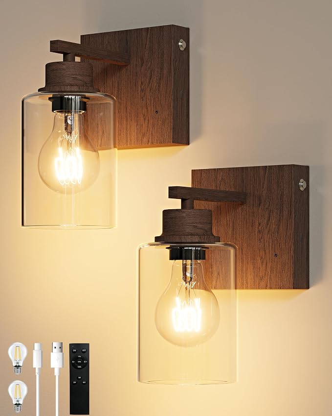 Rayogale Walnut Battery Operated Wall Sconce Set of Two with Remote Control | Dimmable Rechargeable Wall Lights with Timer, Easy Install Glass Lamp for Living Room Bedroom, Emergency 3000K