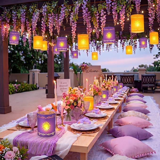 Fuyoooo 20 Set Paper Sun Lantern with LED Candles for Centerpieces LED Tea Lights with Paper Bags Battery Operation for Princess Wedding Party, Halloween, Christmas Decoration(Yellow and Purple,Sun)