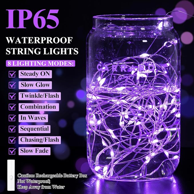 16FT(5M) Purple Fairy Lights, Rechargeable Battery Operated String Lights with Timer, 8 Modes Waterproof Mini LED Twinkle Lights for Bedroom Christmas Wedding Vine Centerpiece Table Decor