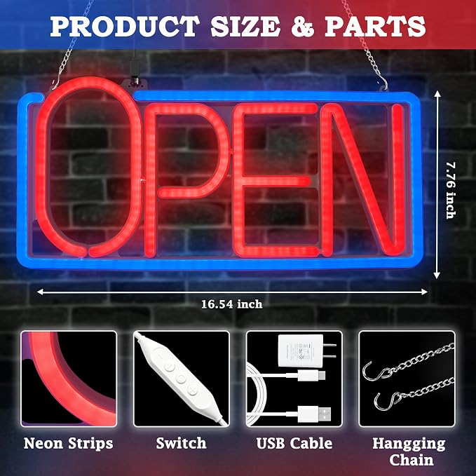 Neon Open Signs for Business, 16.54" X 7.87" Dimmable LED Open Sign, Bright Open Sign for Business for Window Storefronts, Restaurant,Bar, Retail Shops, Salon (Blue+Red)