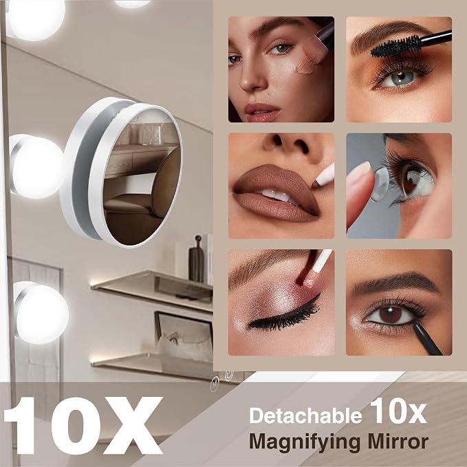 Vanity Makeup Mirror with Lights,Hollywood Vanity Mirror with 3 Color Modes,Lighted Vanity Mirror with Dimmable LED Bulbs &10X Magnification for Desk,Bedroom,Tabletop (White, 20.5" x 15.7")