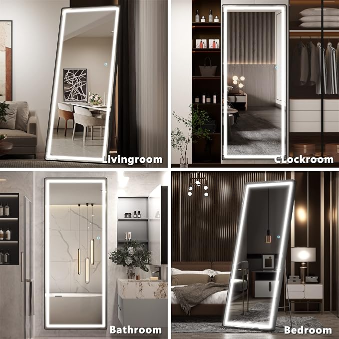Hasipu Full Length Mirror with Lights, 71" x 28" LED Floor, Full Body Dressing Standing, Hanging Mounted Mirror, Round Black