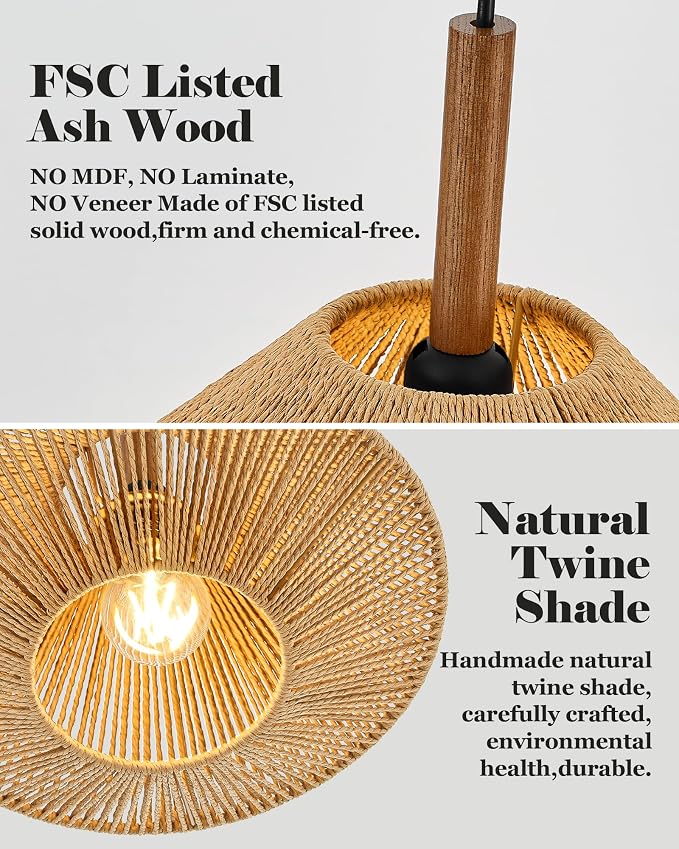 ELYONA 12.6" Boho Pendant Light Fixtures, Rattan Woven Pendant Light with Solid Ash Wood, Hanging Light for Kitchen Island, Farmhouse Ceiling Light for Dining Room Bedroom Living Room