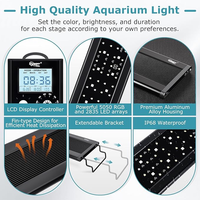 hygger 46W LED Aquarium Light, 24/7 Mode Fish Tank Light with Timer, IP68 Waterproof Full Spectrum Aquarium Plant Lights, 8 Colors DIY, 10 Brightness Memory Function for Freshwater 35-41inch