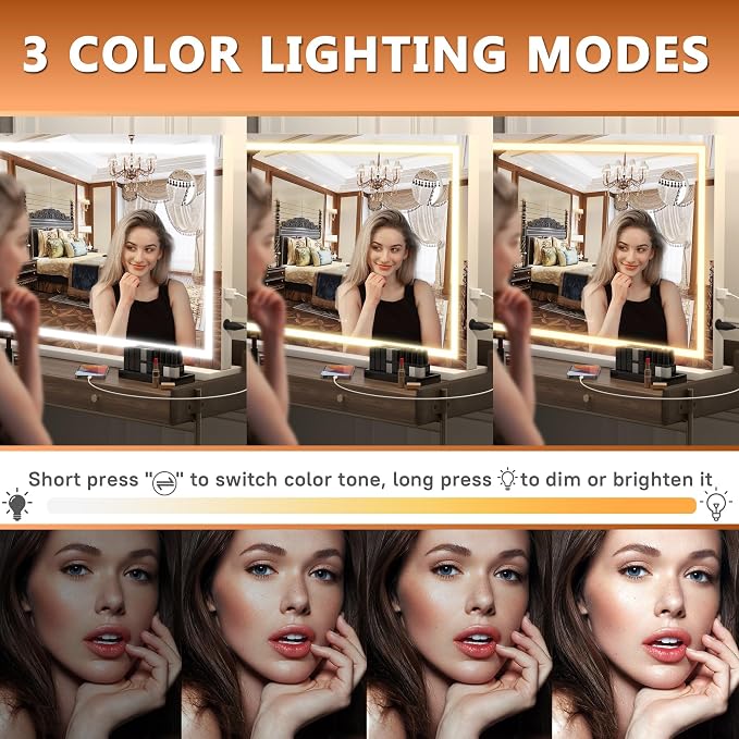 Hasipu Vanity Mirror with Lights, 32" x 22.4" LED Makeup Mirror, Lighted Makeup Mirror with Dimmable 3 Modes