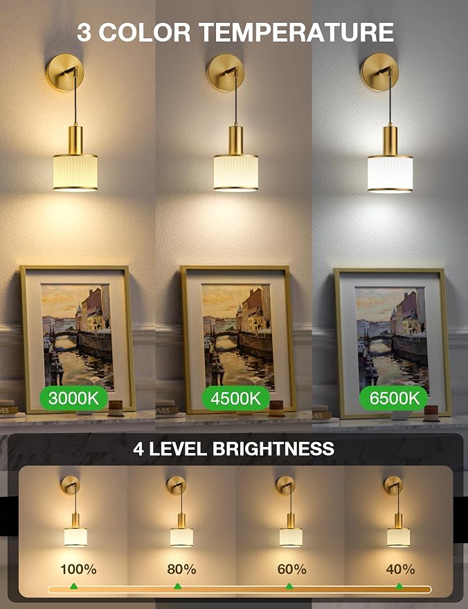 Battery Operated Wall Sconce Set of 2, Gold & Off-White Wireless Rechargeable Wall Lights with 5200mAh Dimmable Detachable Bulbs and Remote, 9 Colors Sconces Wall Decor for Bedroom Living Room