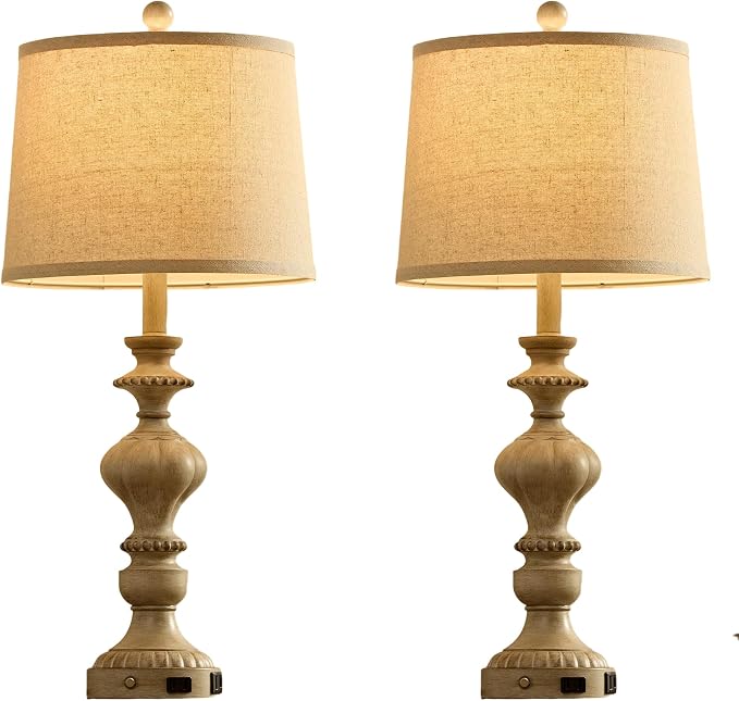 SAIWEYA 27.5" Farmhouse Table Lamps Set of 2, 3 Way Dimmable Touch Lamps | Touch Control, Dimmable, USB C+A Ports & AC Outlet, Bulbs Included, Bedside Nightstand Lamp for Living Room, Bedroom