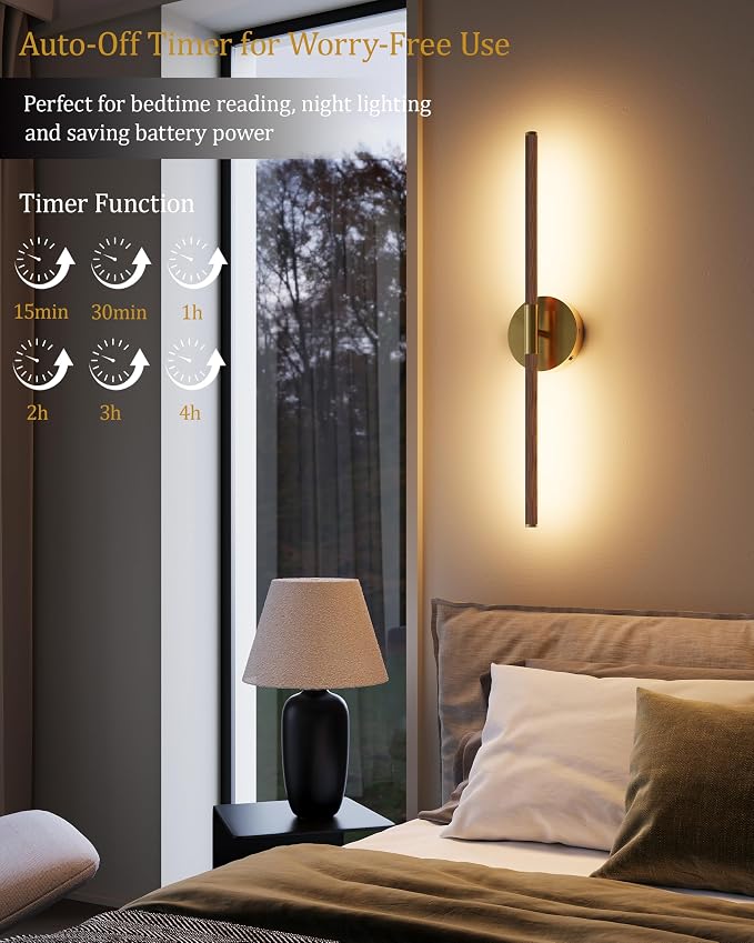 40" Battery Operated Wall Sconce Set of 2, 350° Rotating Lamp, Walnut Gold | Wireless, 8000mAh Rechargeable Battery, Stepless Dimming, 3000K-6000K, Remote & Touch Control, Timer, Living Room, Bedroom