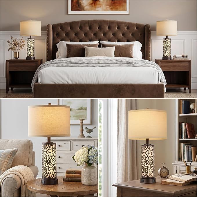 ROTTOGOON 25" Farmhouse Table Lamps for Living Room Set of 2, Rustic Metal Bedroom Lamps with USB A+C Ports Vintage Nightstand Lamp with Night Light, Bulbs Included