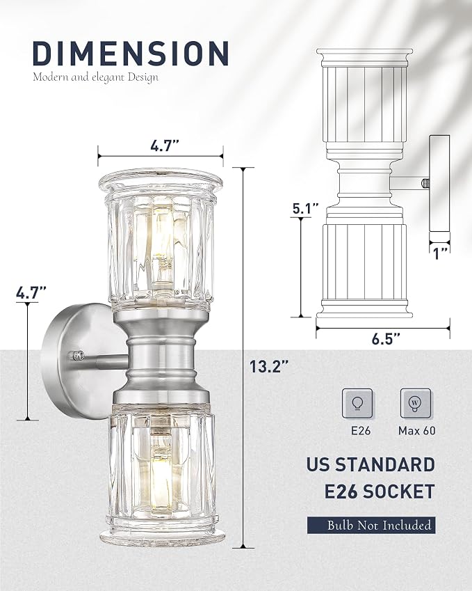 Bathroom Wall Sconces, HWH Brushed Nickel Wall Lighting for Bedroom, 2-Light Bathroom Light Fixtures with Bell-Shaped Clear Glass, Brushed Nickel Finish, 5HZG106B-2W BN