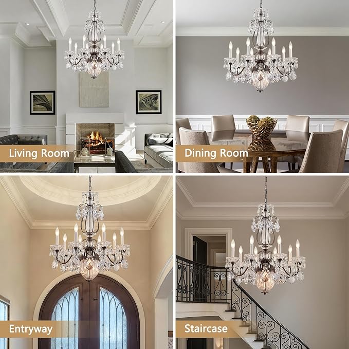 Vintage Crystal Chandeliers for Dining Room, 8-Light Brown Classic Candle Chandelier Pendant Ceiling Light Fixture for Living Room Bedroom Kitchen Foyer Hallway Staircase 30.3" H x 26.8" D