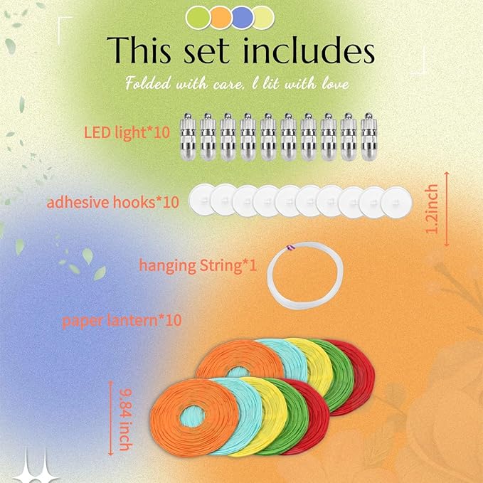 Chinese Paper Lanterns - Pack of 10, 10-Inch Colorful Hanging Lights for Birthday Party Decorations, Ceiling Decor, Rainbow Classroom, Wedding, and Home Party