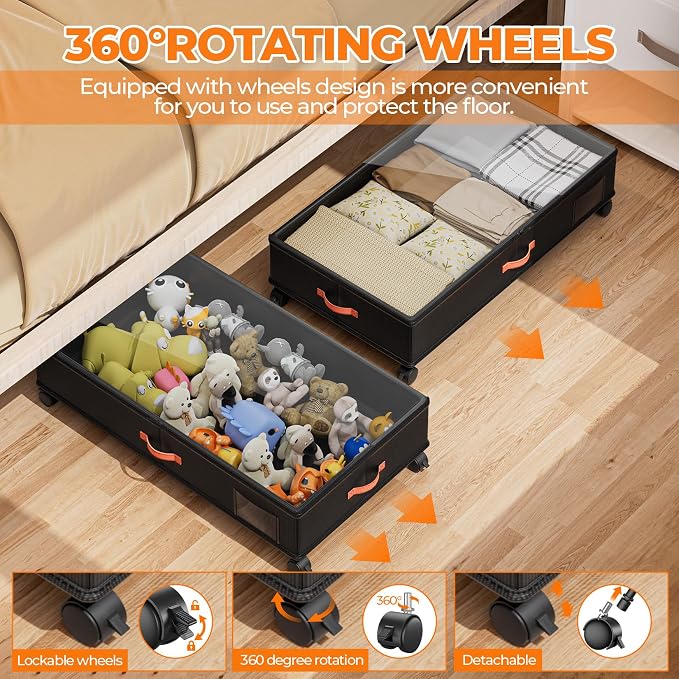 Under Bed Storage with Wheels,2-Pack Under Bed Storage Containers with Clear Lids,XXL Large Under the Bed Storage Organizer Bins With Handles,Space Saving Design for Clothes,Shoes,Books-Black2