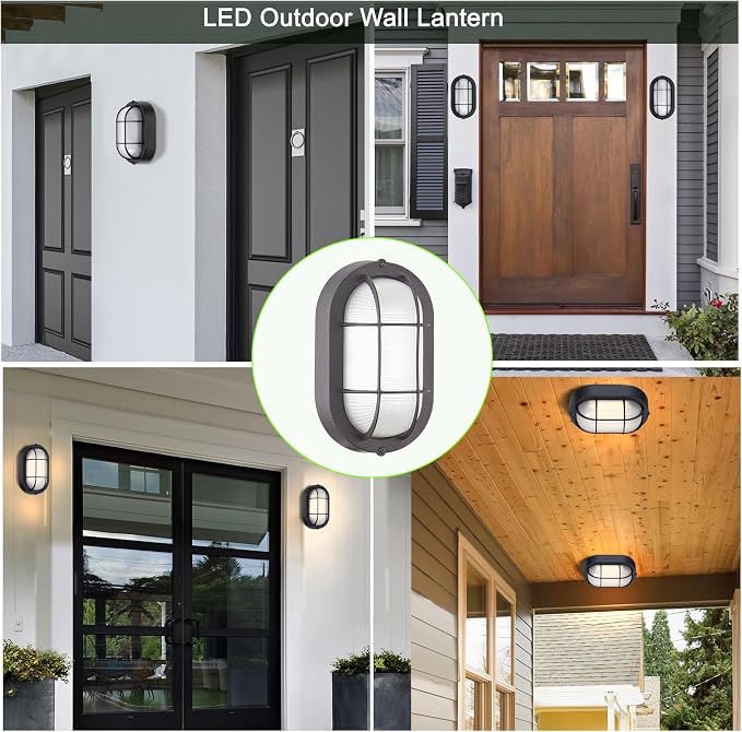 GRUENLICH LED Bulkhead Light Fixture, Aluminum Outdoor Wall Lantern, 8.5" | Oval Exterior Porch Light Wall Sconce for House Walkway Nautical Sauna, Dimmable 6W 600 Lumen, Glass, 5000K, Black, 1 Pack