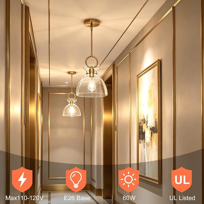 Gold Pendant Light Kitchen Island with 9.84'' Clear Glass Shade | Modern Pendant Lighting Over Sink, Adjustable Hanging Ceiling Light, E26 Dimmable Hardwired for Dining Room Hallway, 1-Pack