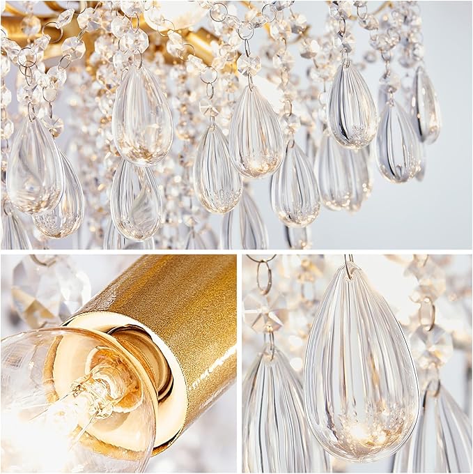 WUZUPS 6-Light Crystal Chandelier Pendant Ceiling Light Modern Lighting Fixture for Bedroom Hallway Bar Kitchen Bathroom, H 25.6" W21.7, E12 Base, Gold
