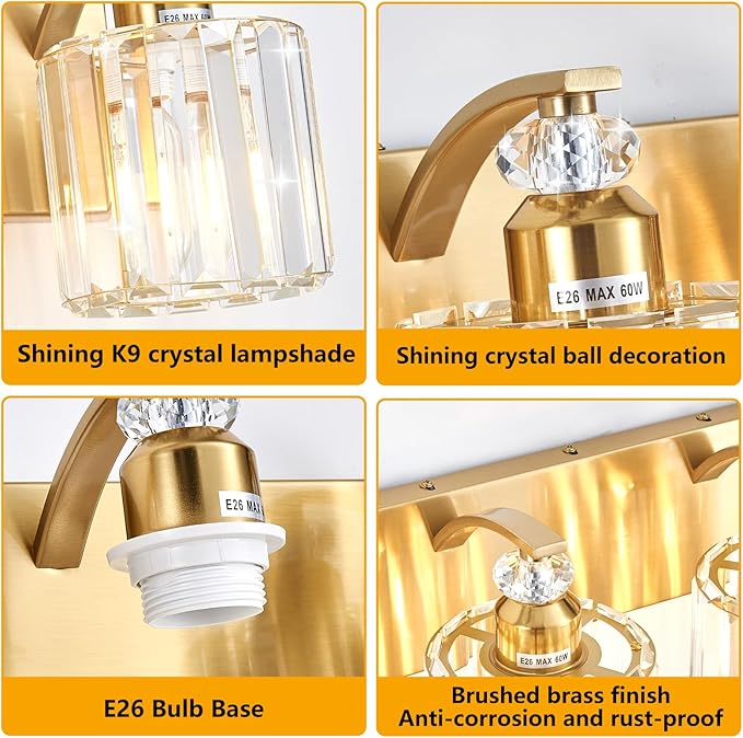 6-Lights Brushed Brass Bathroom Light Fixture Gold Vanity Lights Modern Crystal Bathroom Vanity Lighting Over Mirror Wall Sconce with K9 Crystal Shade E26 Base for Living Room, Bedroom Wall Lamp