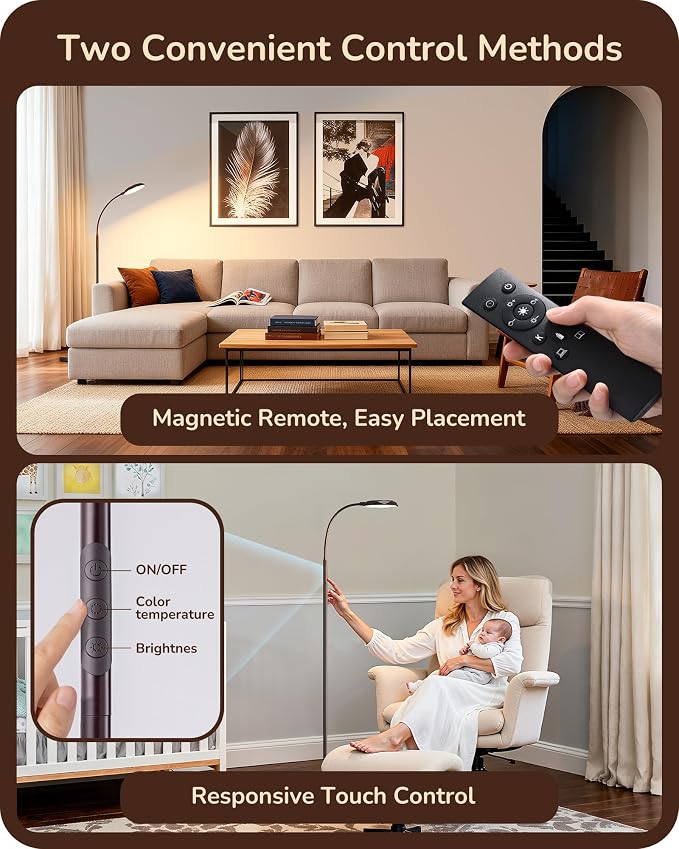 EDISHINE Modern LED Floor Lamp 1300LM Floor Lamps for Living Room Brown | Dimmable, 4 Color Temperature, Remote & Touch Control, 2 Timer, Adjustable Gooseneck for Bedroom, Office