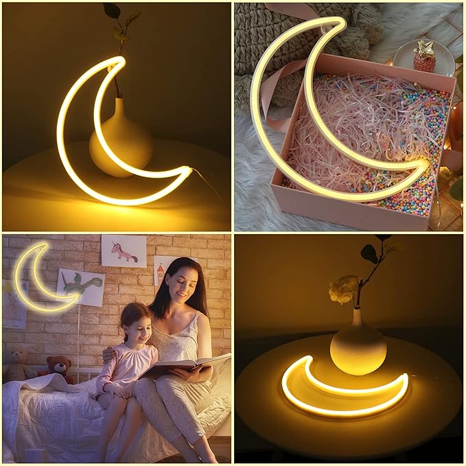 LED Warm White Moon Neon Sign Light, Battery or USB Powered 5V Cute Decor | Art Decorative Night Lights Rome Decorations for Girls, Window, Wall, Home, Bedroom, Office, Dorm, Party, Wedding, Birthday
