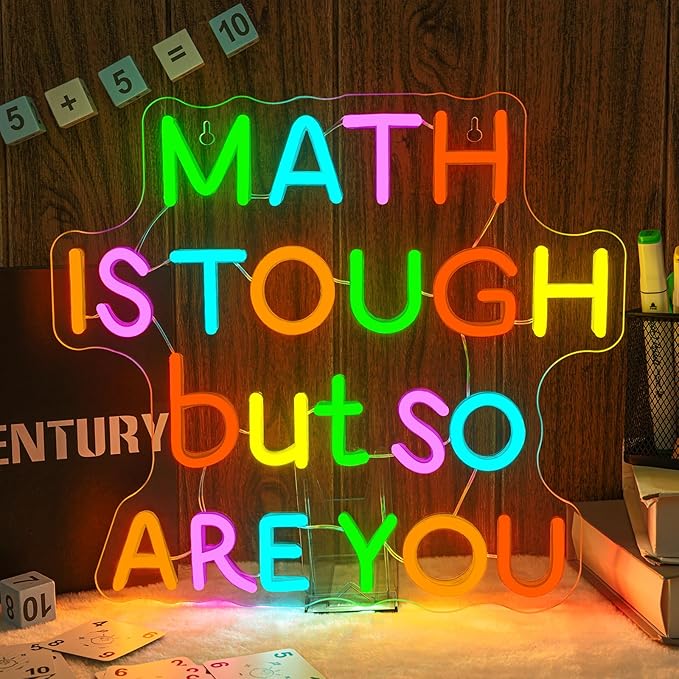 Classroom LED Sign Math Is Tough But So Are You Neon Sign for Wall Decor Math Lights Up Sign for Classroom Library Bedroom Reading Neon Signs LED Gifts for Art Teachers Teens