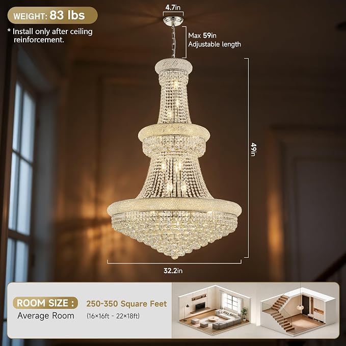 32" W 27 Light Luxury Foyer Chandeliers, Unique Empire K9 Crystal Chandelier for High Ceiling Foyer Entryway Living Room (Silver)