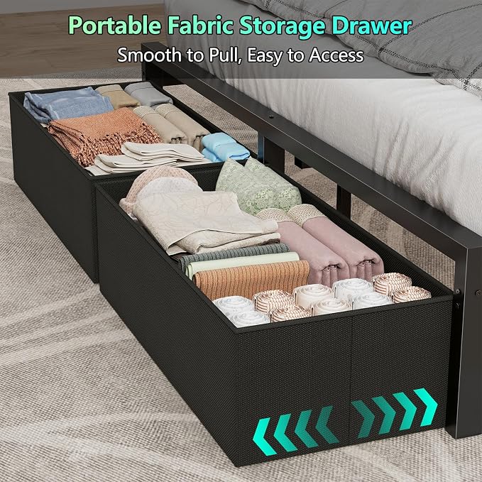 Queen Size Bed Frame with 2 Storage Drawers, Wood Headboard with LED Lights | Queen Bed Frame with Power Outlets & 2-Tier Storage Shelves, Metal Platform Bed with Under Bed Storage, No Box Spring Needed