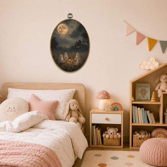 Ghost Tea Party Oval Wall Art, Framed Canvas Decor, 8.5x11.5 Inch | Ghost tea party under full moon, bats, lantern and haunted mansion Halloween decor