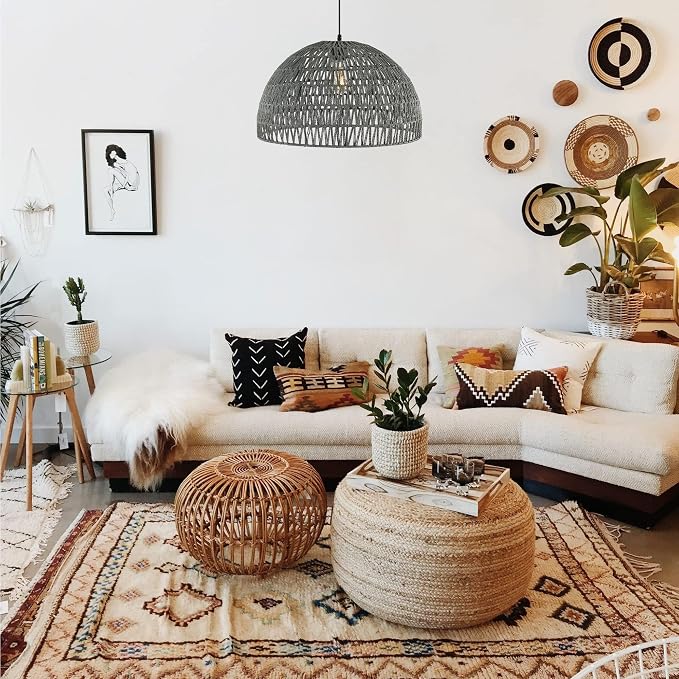JONATHAN Y Campana 1-Light Pendant Dome Ceiling Lamp, 20", Gray | Modern Coastal Farmhouse Decor, Adjustable Height, Woven Rope Metal Frame, LED Bulb Included, UL Listed